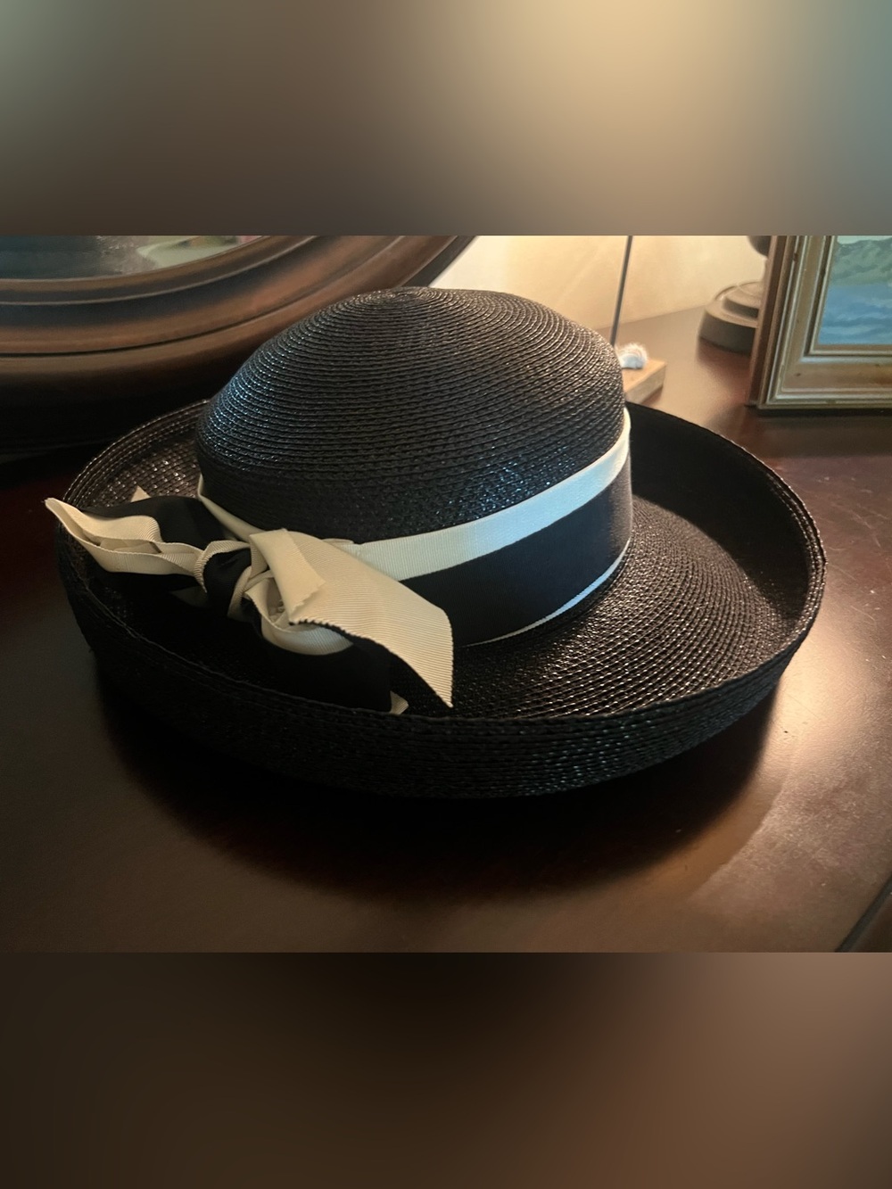 Black Straw Wide-Brim Hat with Cream Ribbon